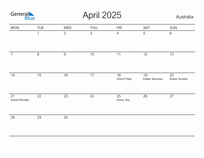 Printable April 2025 Monthly Calendar with Holidays for Australia