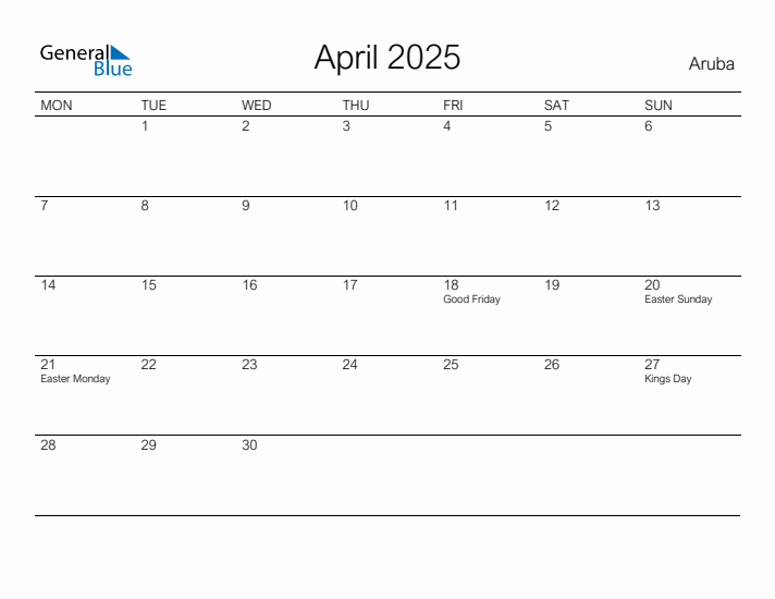 Printable April 2025 Calendar for Aruba