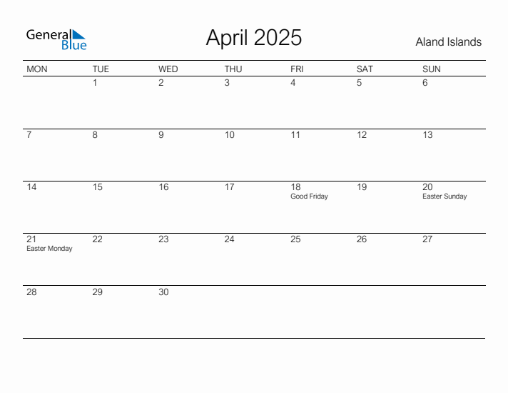 Printable April 2025 Calendar for Aland Islands