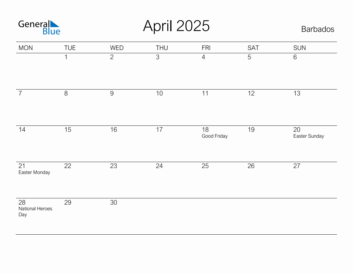 Printable April 2025 Monthly Calendar with Holidays for Barbados