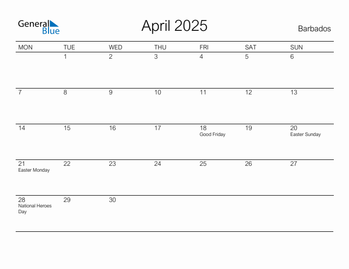 Printable April 2025 Calendar for Barbados
