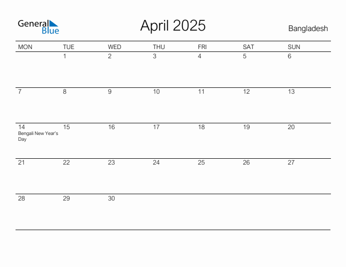 Printable April 2025 Calendar for Bangladesh