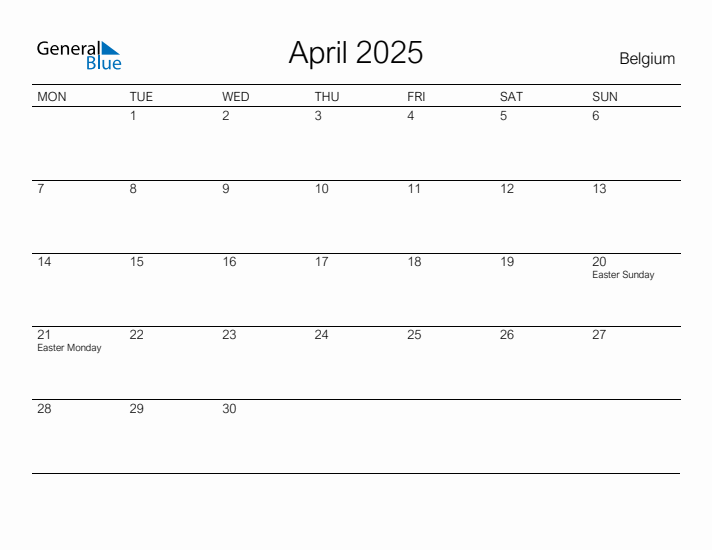 Printable April 2025 Calendar for Belgium