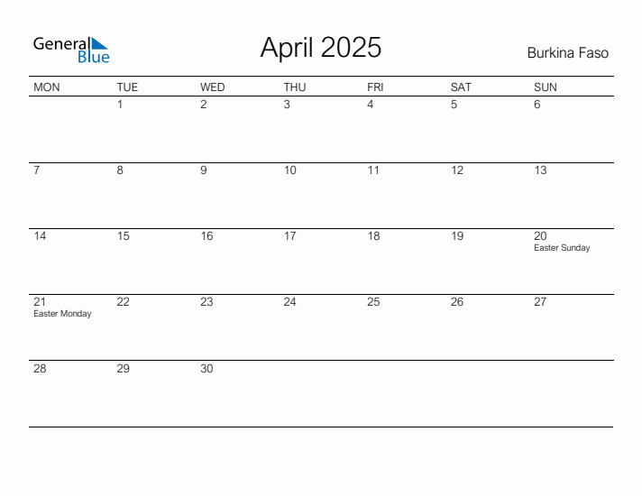 Printable April 2025 Calendar for Burkina Faso