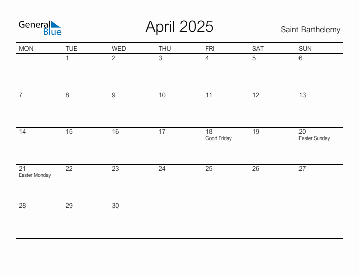 Printable April 2025 Calendar for Saint Barthelemy