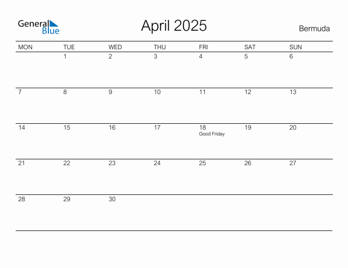Printable April 2025 Calendar for Bermuda