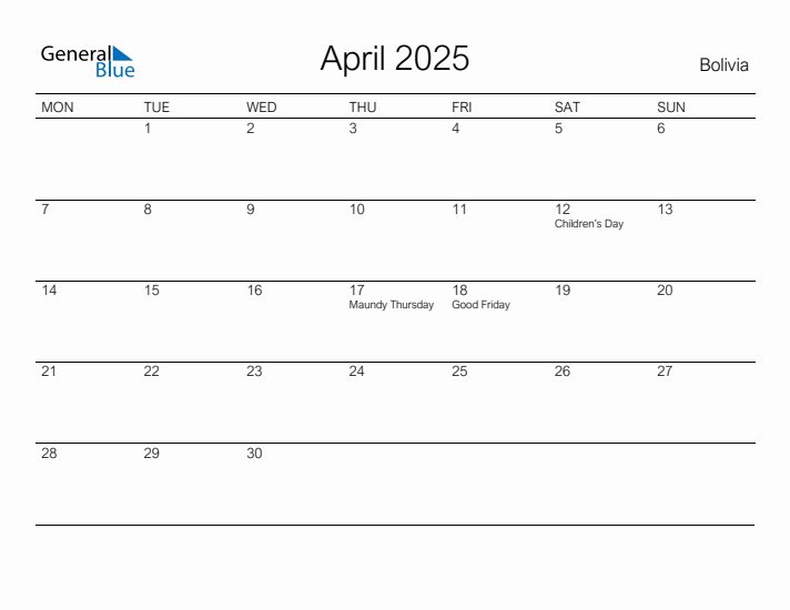 Printable April 2025 Calendar for Bolivia