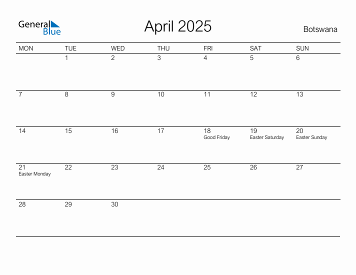 Printable April 2025 Calendar for Botswana