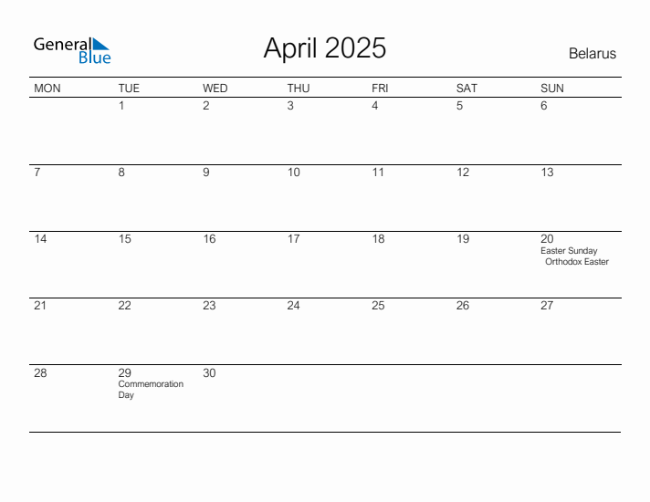 Printable April 2025 Calendar for Belarus