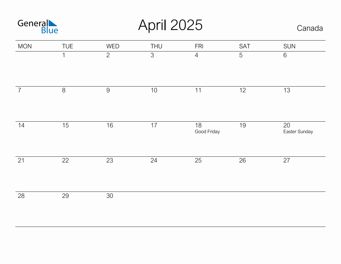 Printable April 2025 Monthly Calendar with Holidays for Canada