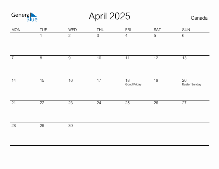 Printable April 2025 Calendar for Canada