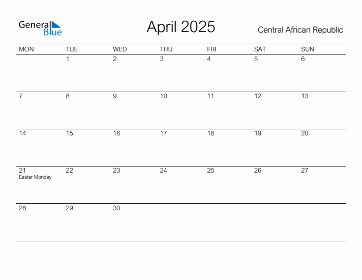 Printable April 2025 Calendar for Central African Republic