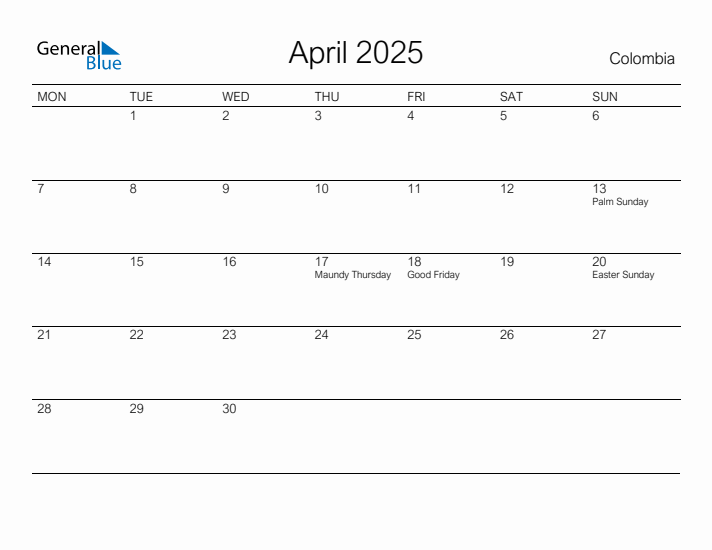 Printable April 2025 Calendar for Colombia
