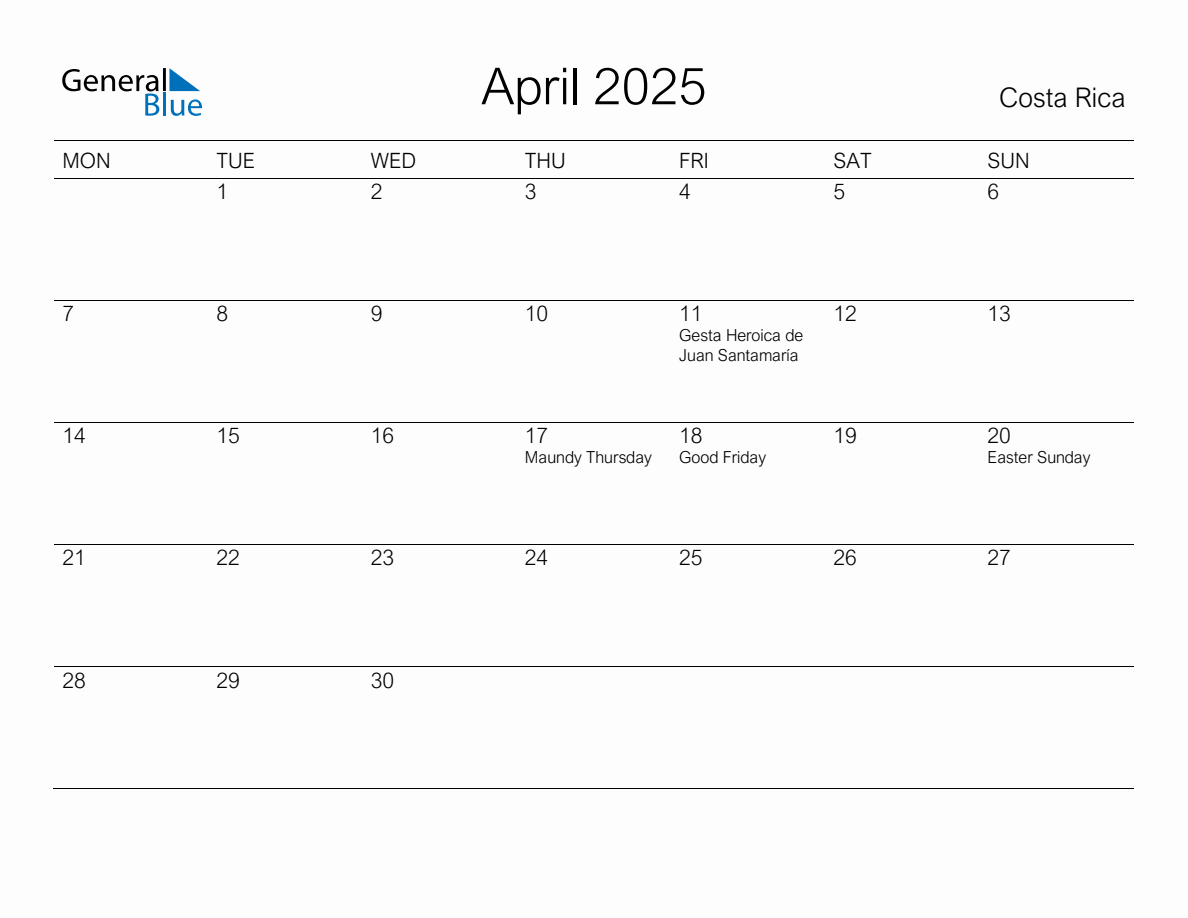 Printable April 2025 Monthly Calendar with Holidays for Costa Rica