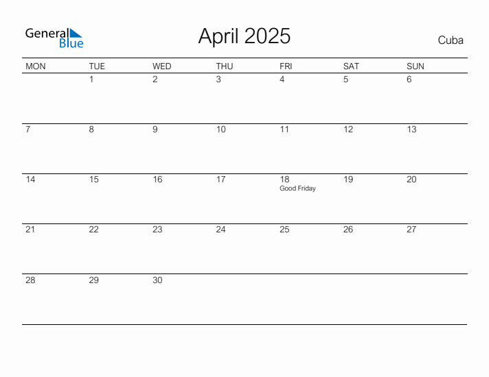 Printable April 2025 Calendar for Cuba