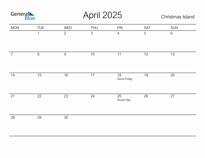 Printable April 2025 Calendar for Christmas Island
