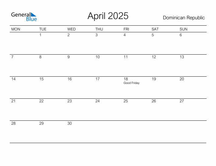Printable April 2025 Calendar for Dominican Republic