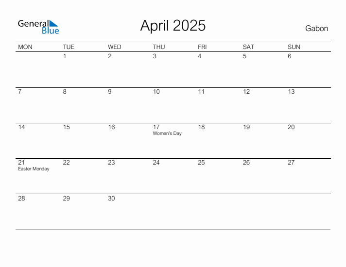 Printable April 2025 Calendar for Gabon