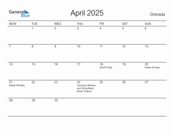 Printable April 2025 Calendar for Grenada