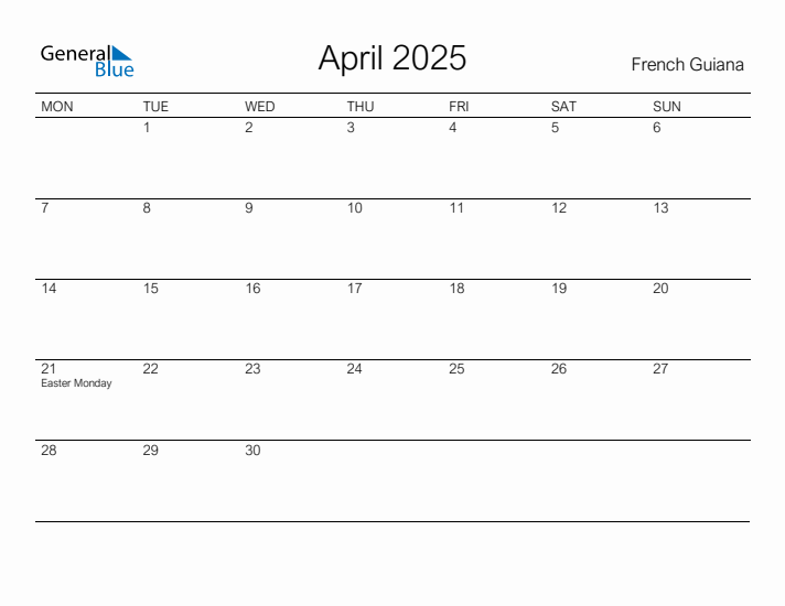 Printable April 2025 Calendar for French Guiana