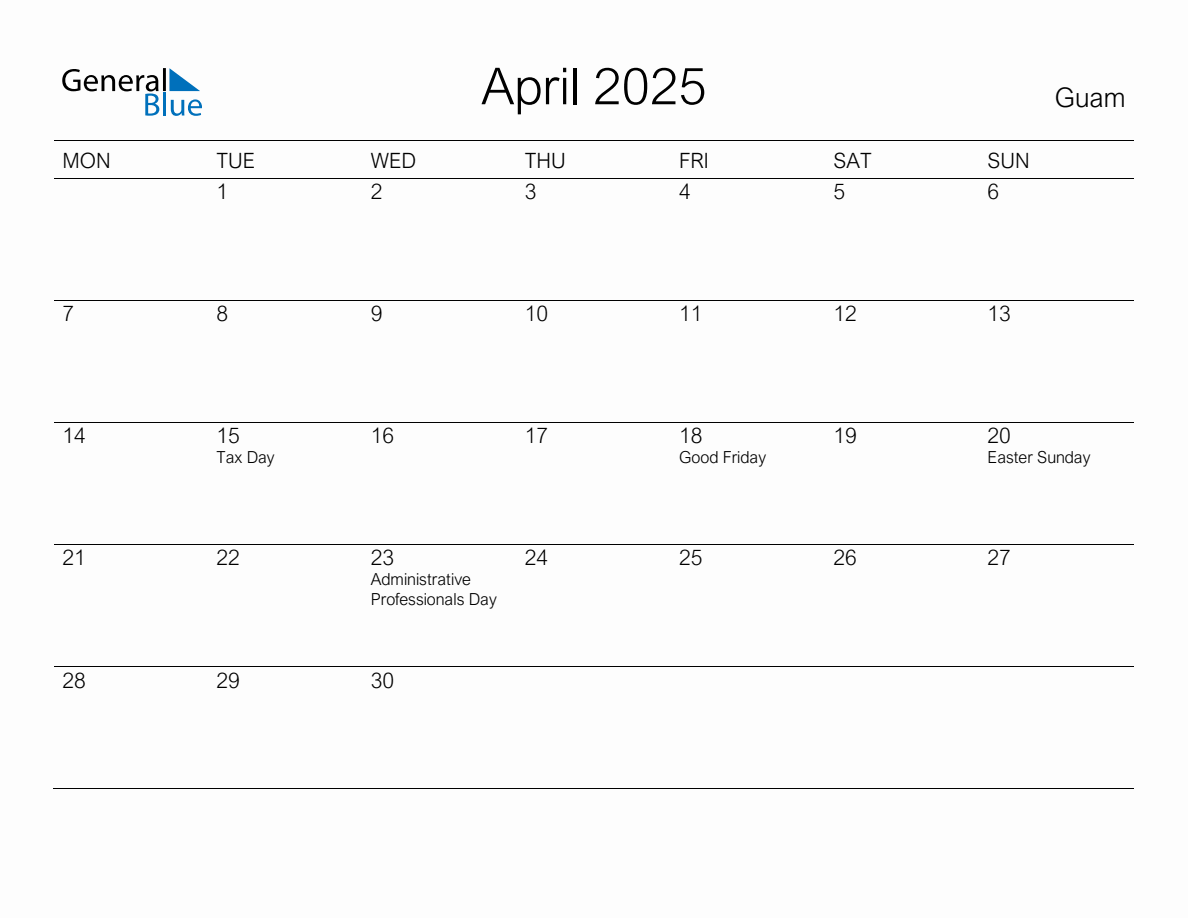 Printable April 2025 Monthly Calendar with Holidays for Guam