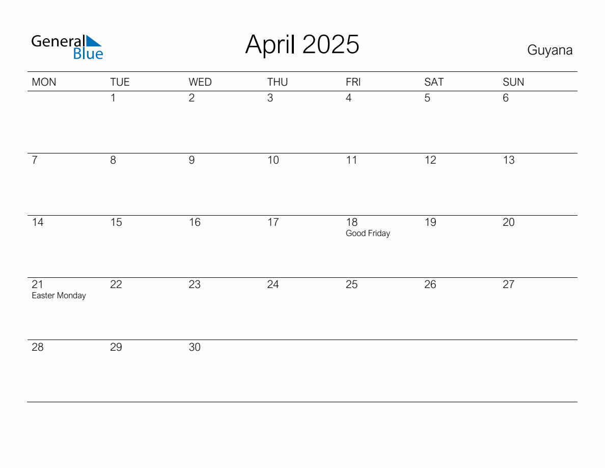 Printable April 2025 Monthly Calendar with Holidays for Guyana