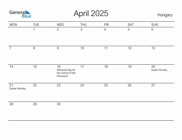 Printable April 2025 Calendar for Hungary