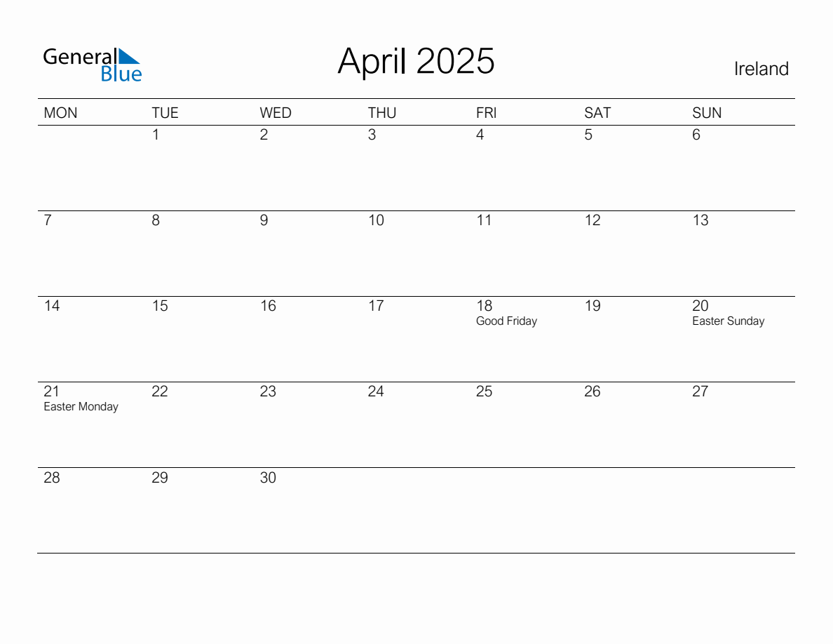 Printable April 2025 Monthly Calendar with Holidays for Ireland