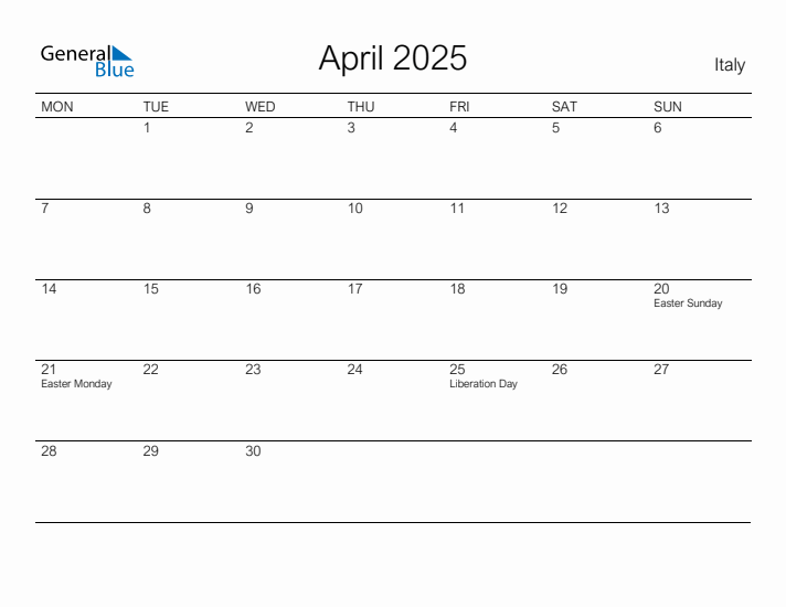Printable April 2025 Calendar for Italy