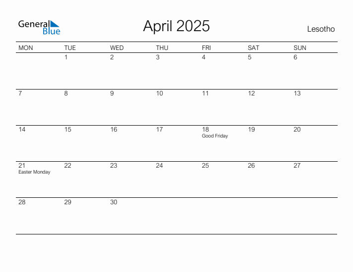 Printable April 2025 Calendar for Lesotho