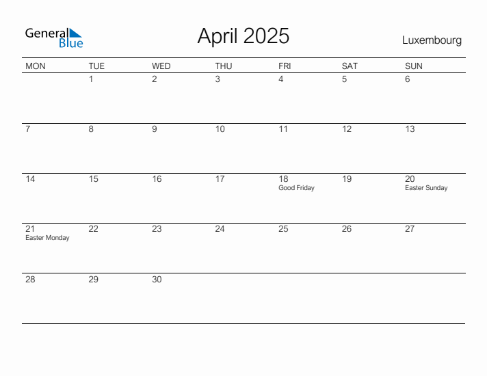 Printable April 2025 Calendar for Luxembourg