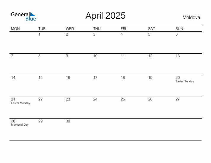 Printable April 2025 Calendar for Moldova
