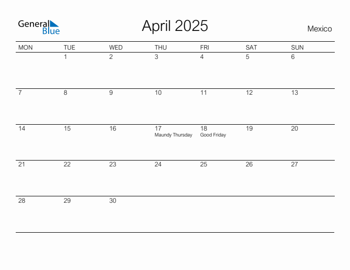 Printable April 2025 Calendar for Mexico