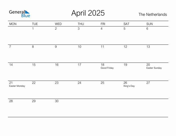 Printable April 2025 Calendar for The Netherlands