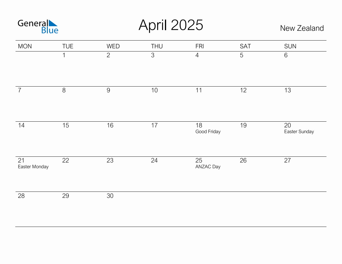 Printable April 2025 Monthly Calendar with Holidays for New Zealand