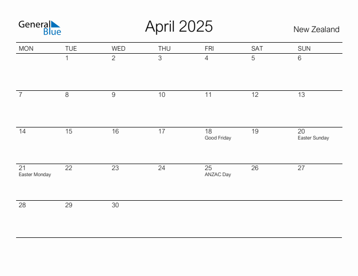Printable April 2025 Calendar for New Zealand