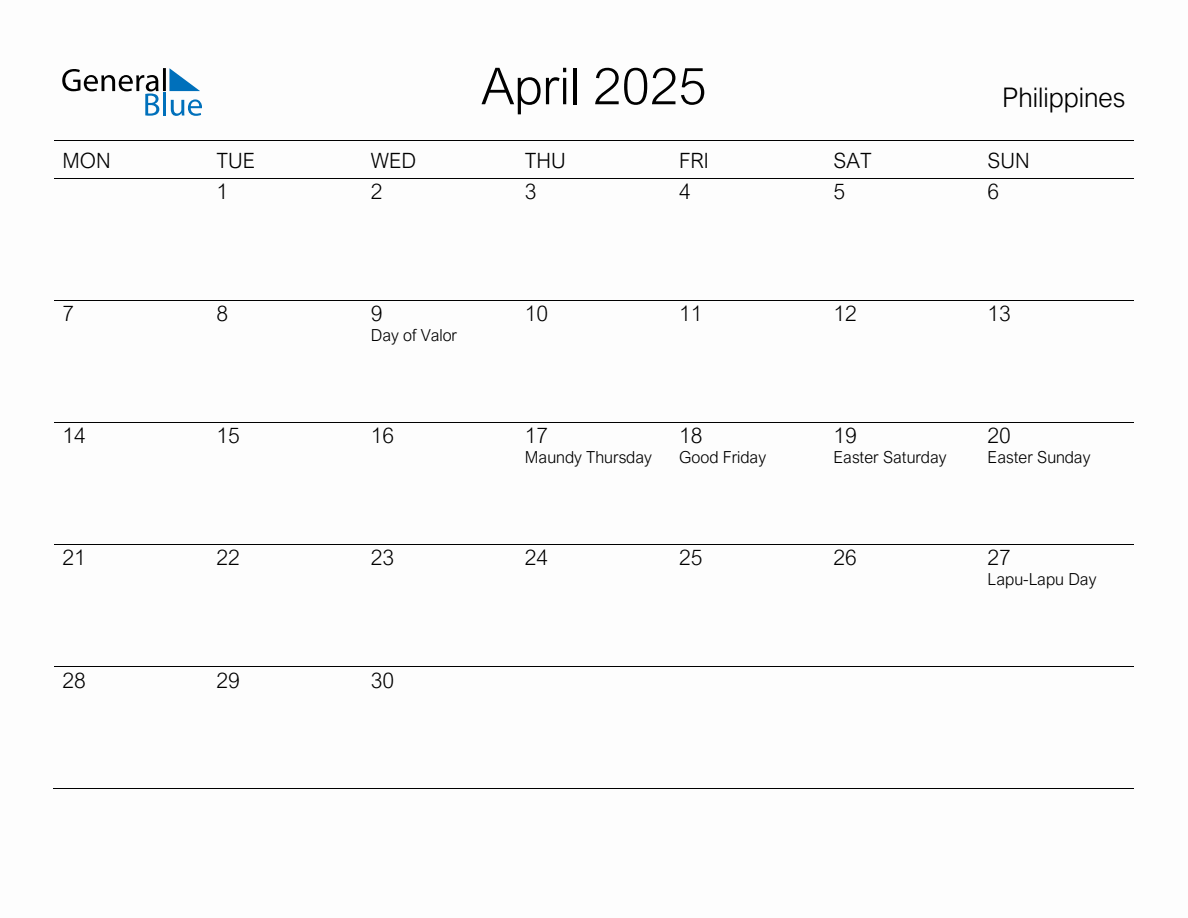 Printable April 2025 Monthly Calendar with Holidays for Philippines