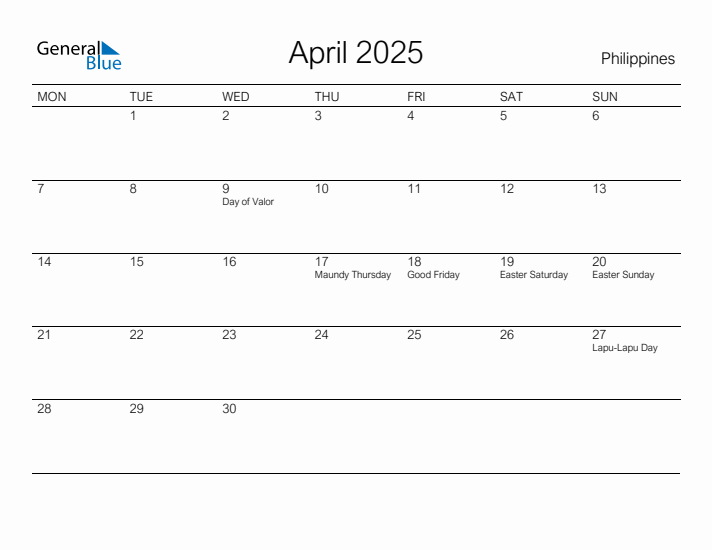 Printable April 2025 Calendar for Philippines