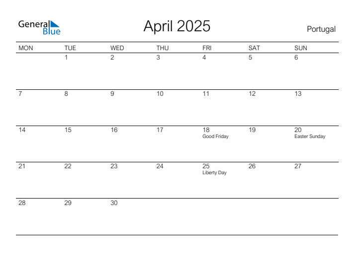 Printable April 2025 Calendar for Portugal