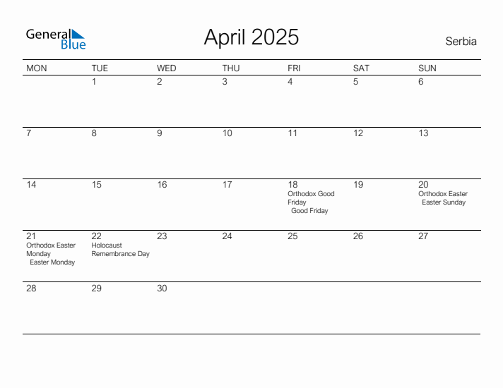 Printable April 2025 Calendar for Serbia
