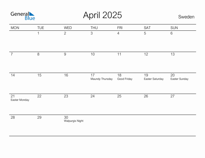 Printable April 2025 Calendar for Sweden