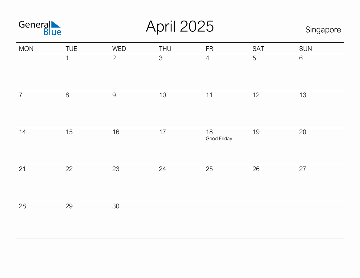 Printable April 2025 Monthly Calendar with Holidays for Singapore