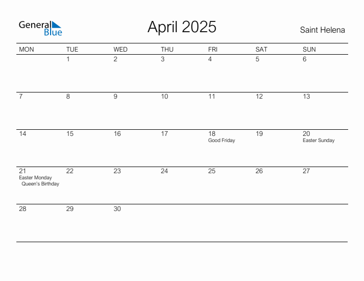 Printable April 2025 Calendar for Saint Helena