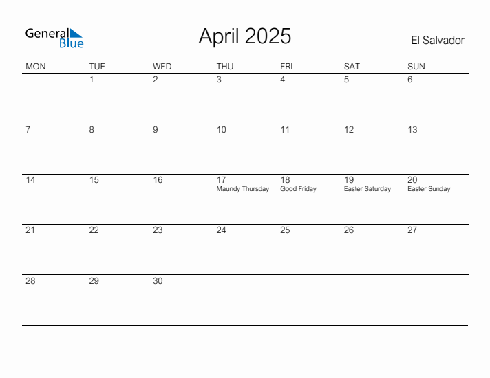 Printable April 2025 Calendar for El Salvador
