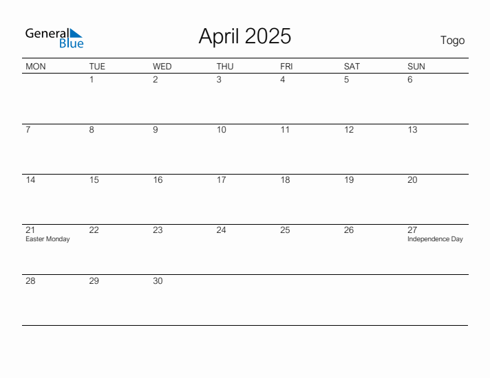 Printable April 2025 Calendar for Togo