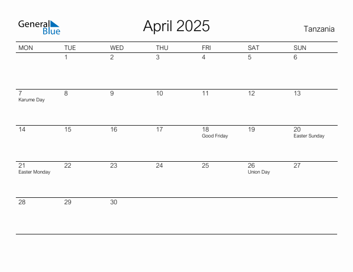 Printable April 2025 Calendar for Tanzania