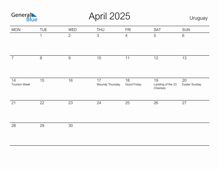 Printable April 2025 Calendar for Uruguay