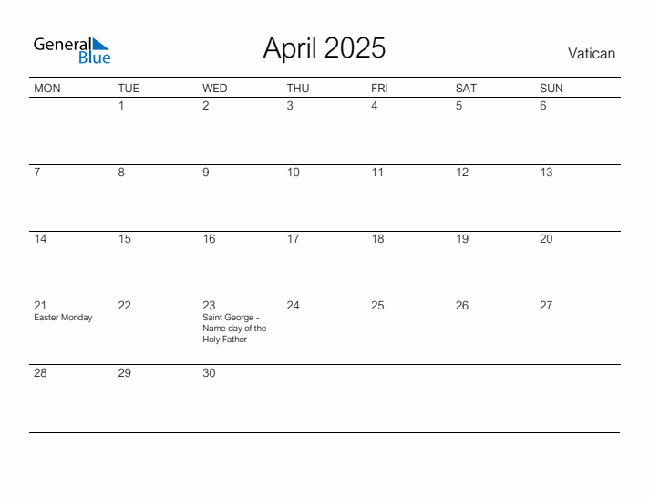 Printable April 2025 Monthly Calendar with Holidays for Vatican