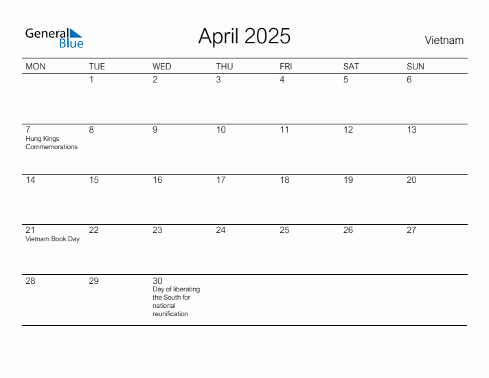 Printable April 2025 Calendar for Vietnam