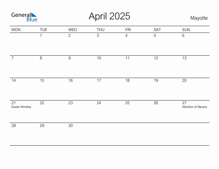 Printable April 2025 Calendar for Mayotte